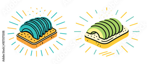 Whimsical avocado toast illustrations with blue and green toppings on bread