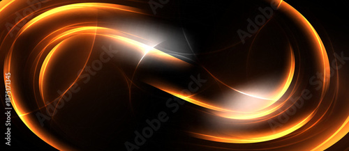 Abstract orange infinity symbol glows against dark background. Bright center radiates light, creating dynamic visual effect.