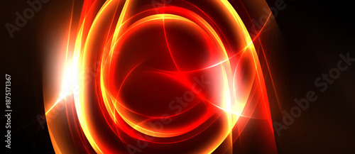 Bright red energy swirls, glowing lines create circular pattern. Intense light radiates from center, dark background contrasts vividly.