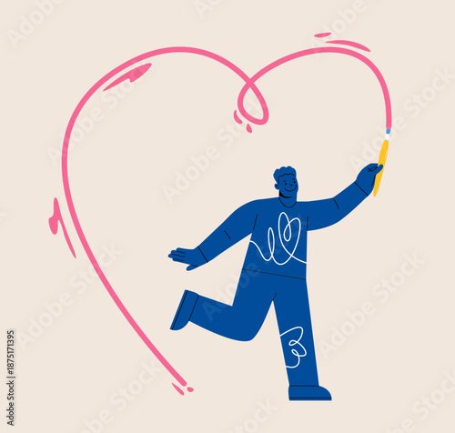 Man drawing hearts around his. Creative self-care concept. Colorful vector illustration