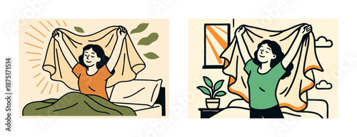 Young asian female enjoying fresh morning indoors and outdoors