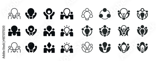 Creative teamwork and innovation icons set in black and white