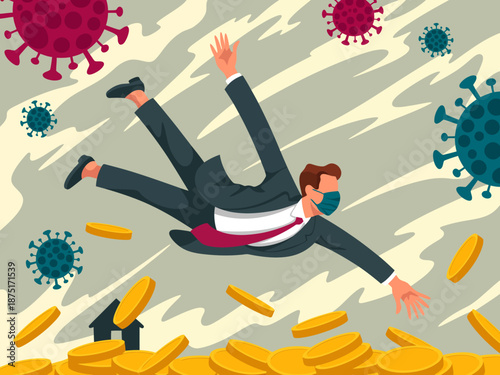 An expressive illustration captures a businessman in distress amidst floating coins and viruses, symbolizing the economic challenges and uncertainties faced in modern business environments.