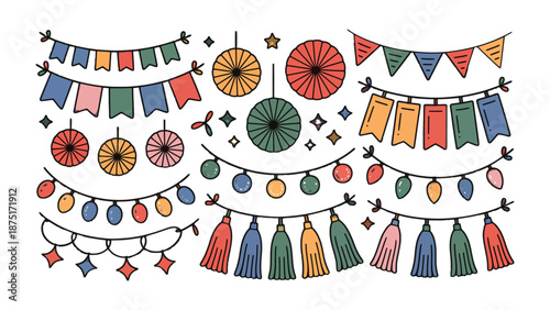 Festive Decorations: An array of colorful festive decorations, perfect for any celebration, arranged against a clean backdrop, evoking feelings of joy and anticipation.