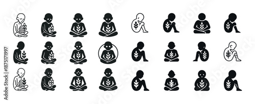 Silhouette icons of meditative figures with leaf motif