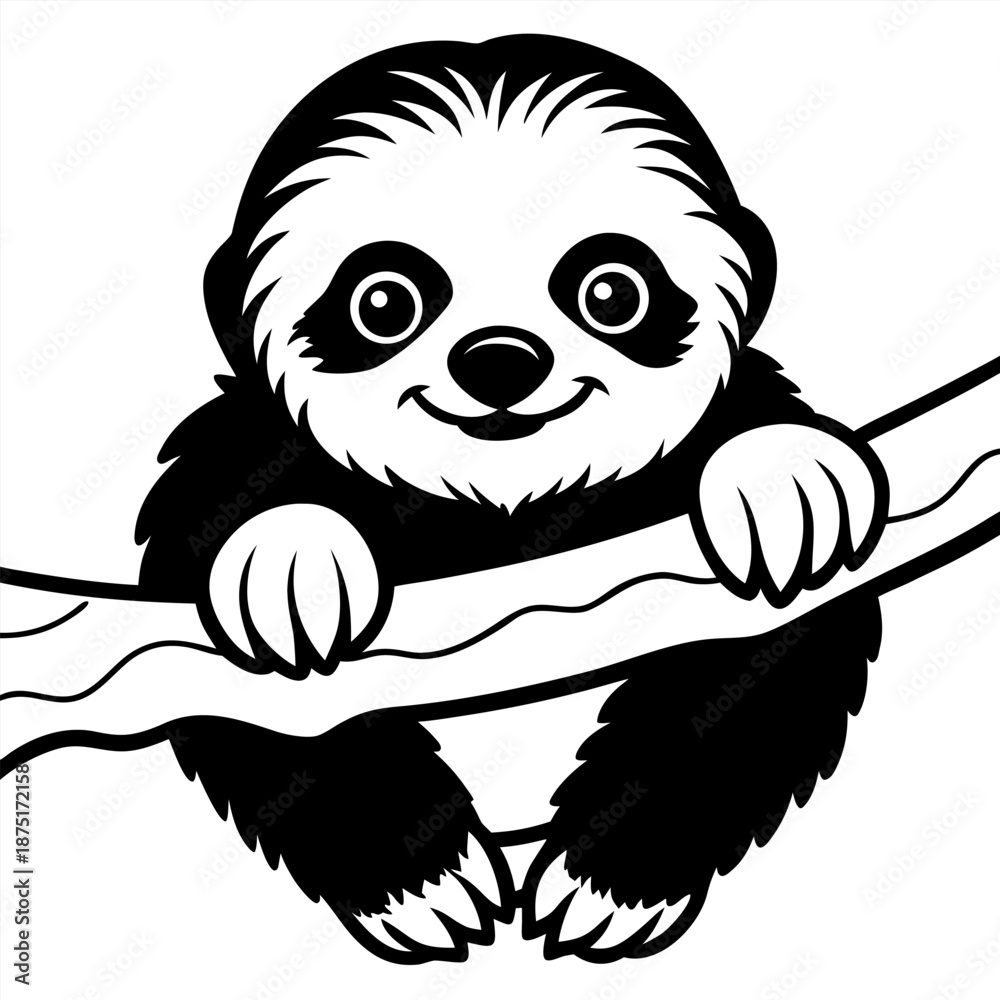 Fototapeta premium A cute cartoon sloth hanging from a branch with a smile