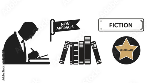 A graphic illustration of a man writing at a desk with books and labels