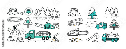 Forestry icons: axes, chainsaws, trucks, and tree stumps in a woodland setting