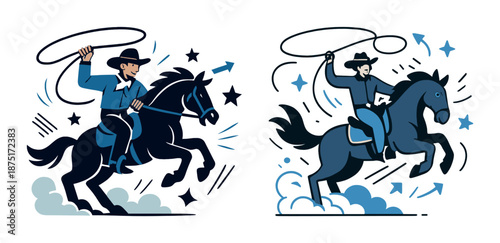 Caucasian cowboy and cowgirl riding horses with lasso skills