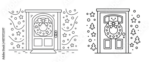 Festive holiday door illustrations with wreaths and decorative elements
