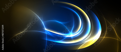 Abstract luminous curves dominate dark background. Blue, gold hues create dynamic energy, flowing shapes suggest movement.