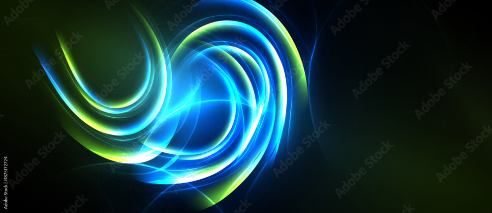 Fototapeta premium Bright swirling lights create abstract energy flow. Vivid blue, green hues dominate dark background. Dynamic composition suggests movement, power.