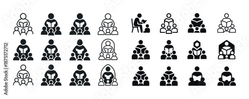 Collection of diverse book reading icons in various styles and designs