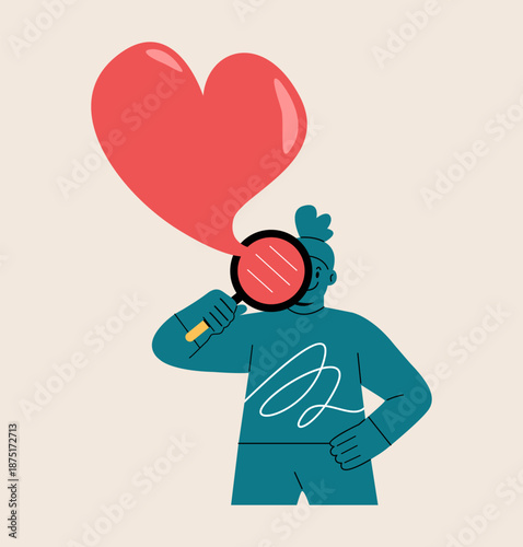 Girl holding a magnifying glass looking for love. Colorful vector illustration