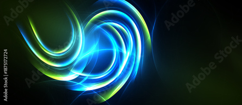Bright swirling lights create abstract energy flow. Vivid blue, green hues dominate dark background. Dynamic composition suggests movement, power.
