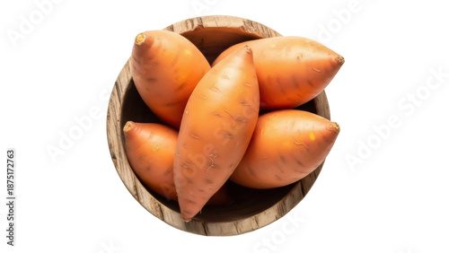 Tableau sur toile Sweet potatoes in wooden bowl isolated PNG, orange yams on transparent backgroun