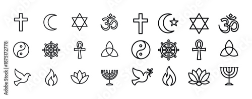 Set of religion symbols: cross, star, om, ying yang, wheel, ankh, dove, fire, lotus, menorah