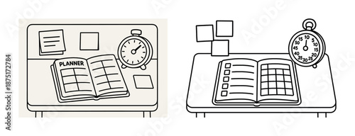 Black and white desk cartoon with planner, timer, sticky notes