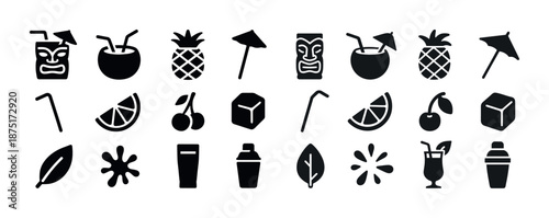 Tropical drink icons: exotic fruits, umbrellas, cocktail glasses, ice cubes, leaves, and tiki masks
