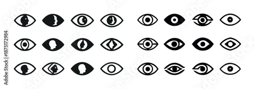 Set of abstract eye and human profile icons in black and white design