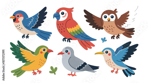 Colorful Avian Companions: An illustration showcases a delightful array of charming avian friends. Each bird, a vibrant display of nature's artistry, invites a celebration of flight, color.