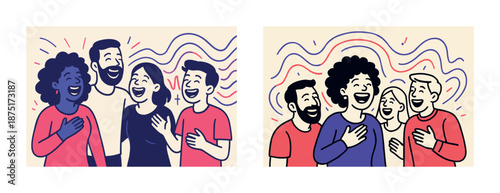 Diverse group of adults enjoying laughter together in colorful environment