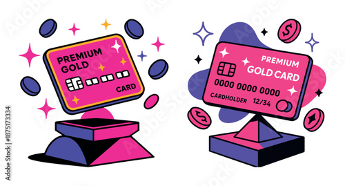Vibrant premium gold card design with floating coins and abstract shapes