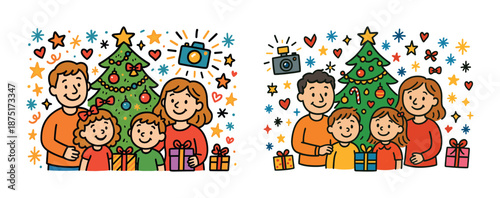 Happy family celebrating christmas with gifts and decorated tree