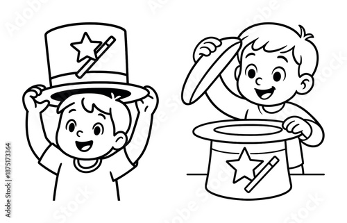 Happy kids playing with magic hats and wands