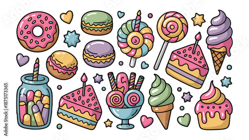 Sweet Dreams: A vibrant array of delectable treats, from glazed doughnuts and delicate macarons to swirl lollipops and celebratory cake slices, offering a symphony of colors and tempting delights. 
