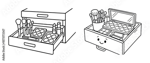 Drawer organizer with makeup brushes and cosmetics palette illustration