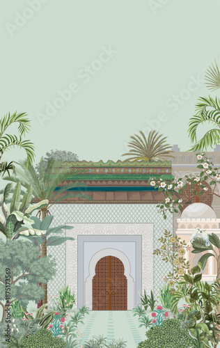 Arabian landscape with house, garden, dates tree, palm tree, palace, arch illustration