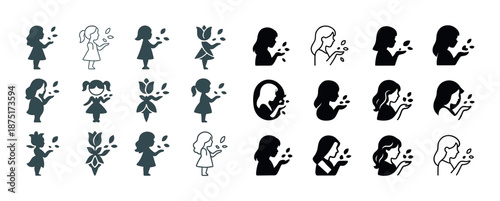 Silhouette vector icons of women, girls, and floral elements