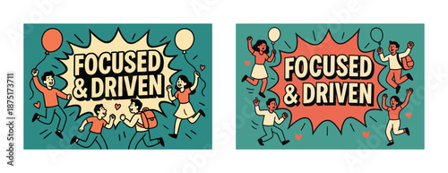 Focused and driven: energetic cartoon characters celebrating success