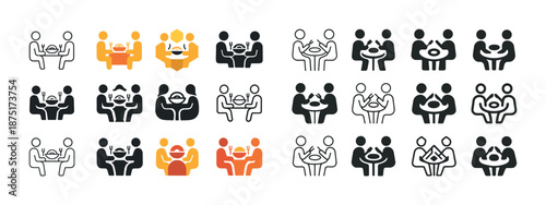 Diverse icon set of people dining and socializing in various styles