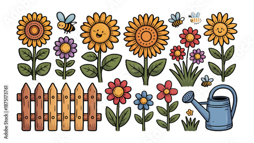 Bloom and Buzz: A vibrant illustration showcasing sunflowers and blooming flowers alongside busy bees. Also a wooden fence and a watering can complete a perfect picture of garden.