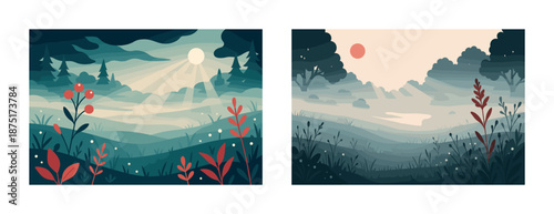 Serene landscapes with vibrant foliage and soothing sunsets