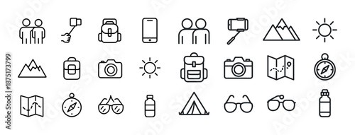 Adventure icons: camping gear, travel essentials, outdoor activities in line art