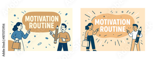 Animated motivation routine with diverse characters including asian male and caucasian female