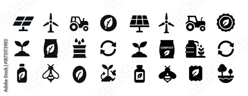 Eco-friendly agriculture and renewable energy icons collection