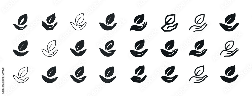 Naklejka premium Set of black leaf and hand icons for nature and sustainability designs