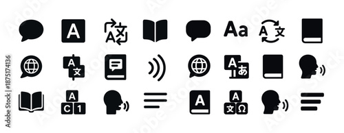 Language and communication icons including speech bubbles and translation symbols