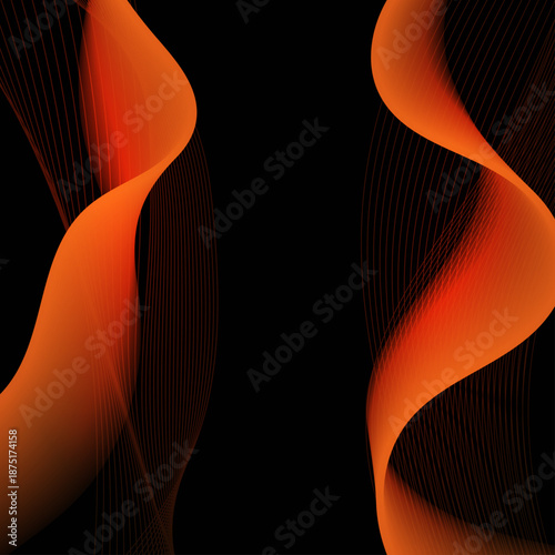 Curved wave of orange tint fine mesh texture on black background.