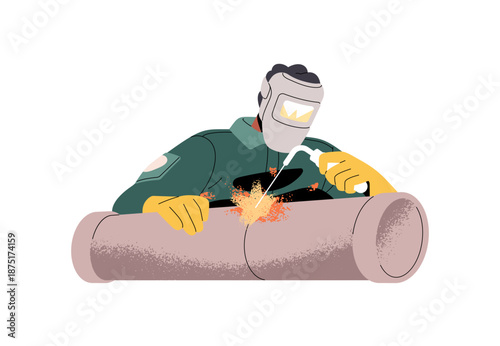 Builder in safety mask is gas welding steel pipe. Welder in protective helmet works, repairs metal construction on metallurgical factory. Flat isolated vector illustration on white background