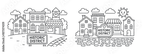 Charming historic district line art with buildings, trees, and clock tower