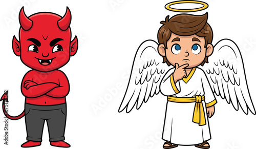 Cute cartoon angel and devil characters illustration showing good versus evil concept morality choice fantasy children style vector