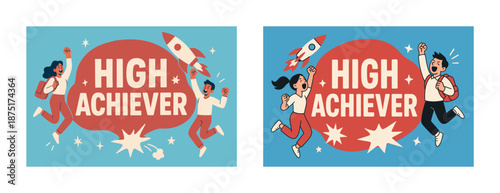 High achiever celebration illustration with enthusiastic young characters