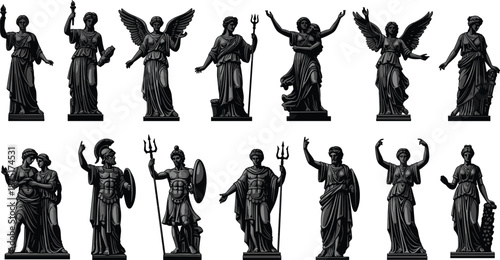   
Greek mythology statue collection, classical gods and goddesses, ancient sculpture art, mythological figures in dynamic poses, black silhouette, flat vector