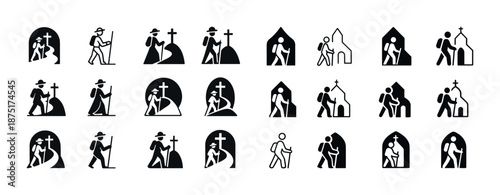 Pilgrim silhouettes: journey, walking, cross, church, spiritual, icons set
