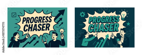 Cartoon illustrations of people planning and setting goals with progress arrows and light bulbs